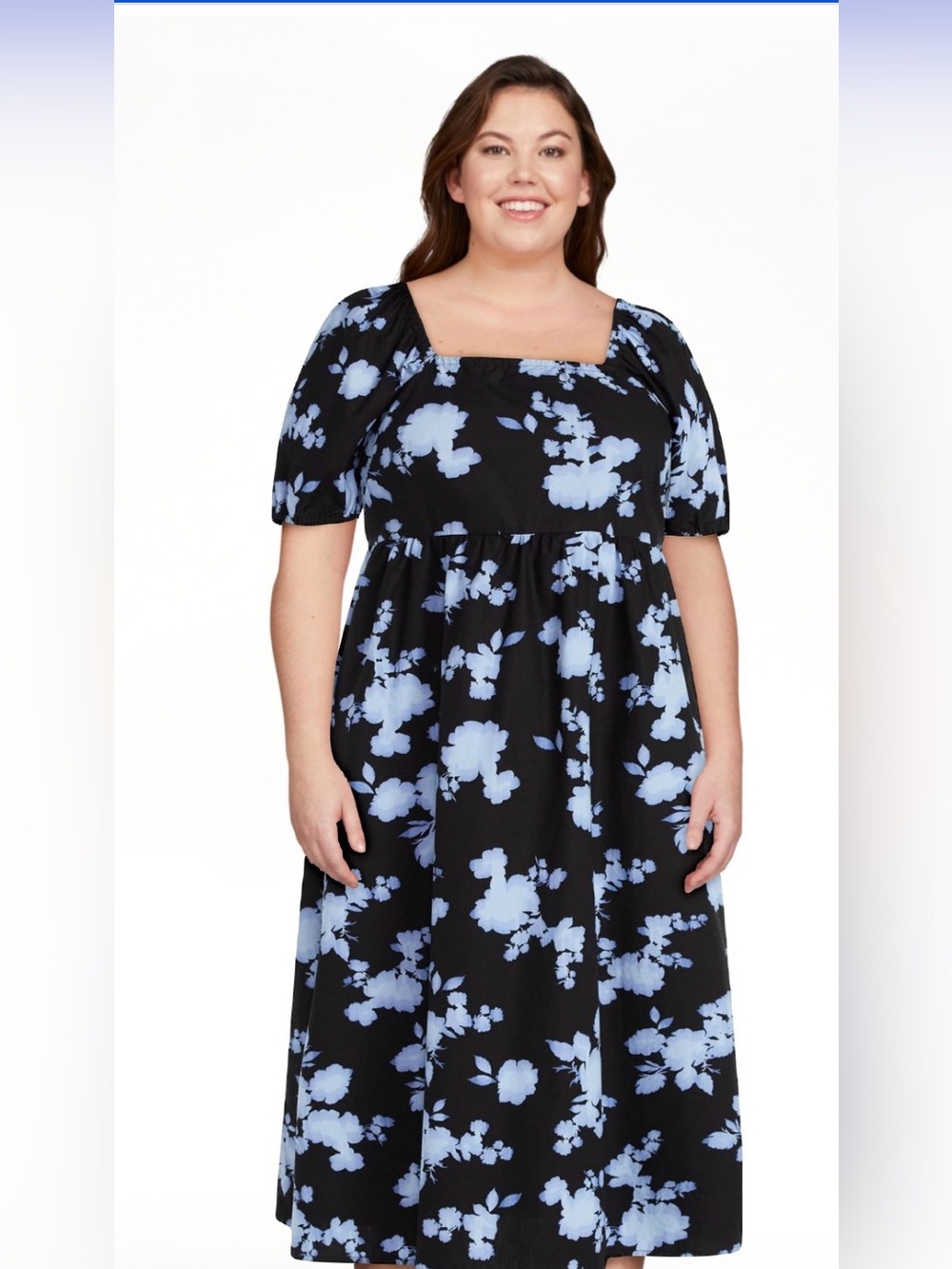 Time & Tru XL Black Floral Midi Dress with puff sleeves pockets tie back NWT